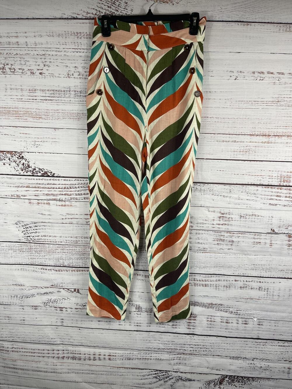 Hutch Pants Women's 2 Multicolor Geometric Linen Rayon High Rise Trousers Button